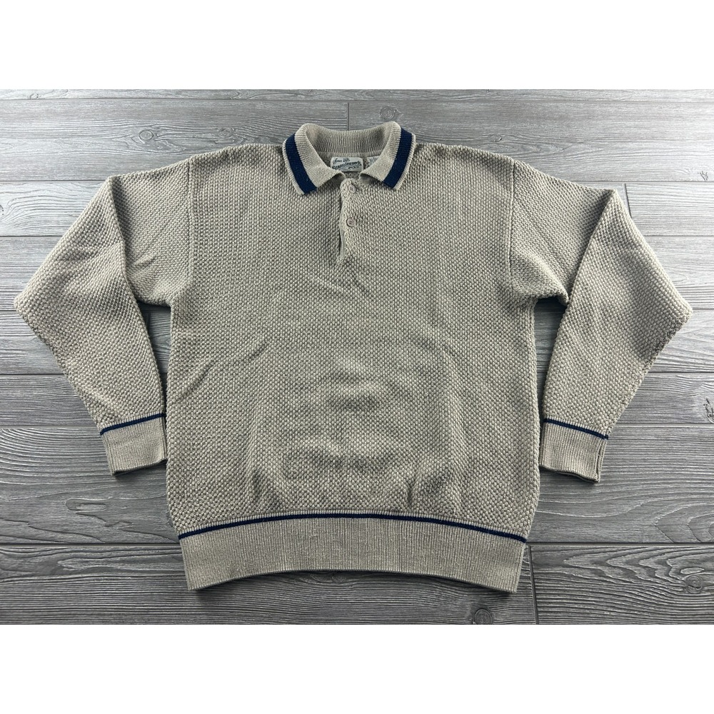 Vintage Sears Roebuck 1886 Sweater Seed-Stitch Collared Pullover Beige/Navy Sz L